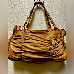 Michael Kors Leather Shoulder Handbag - Camel with Gold Hardware and Logo